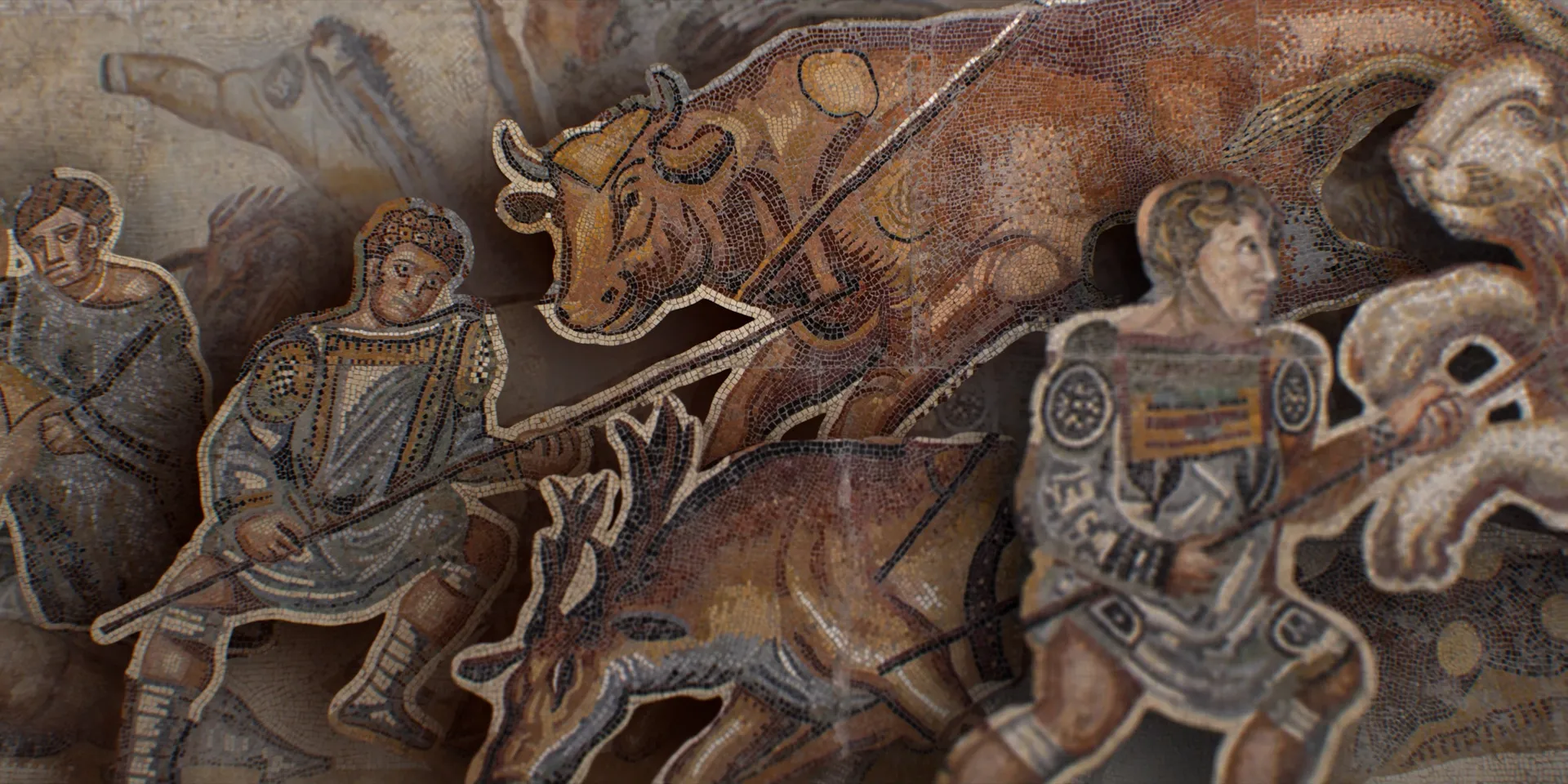Roman floor mosaic of armed fighters spearing a bull and big cats, the figures lifted into layers
