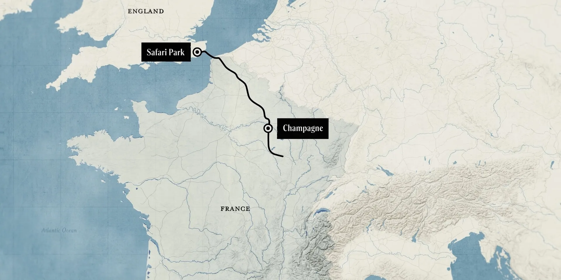 Map of England and France with a route running from Safari Park across the Channel to Champagne