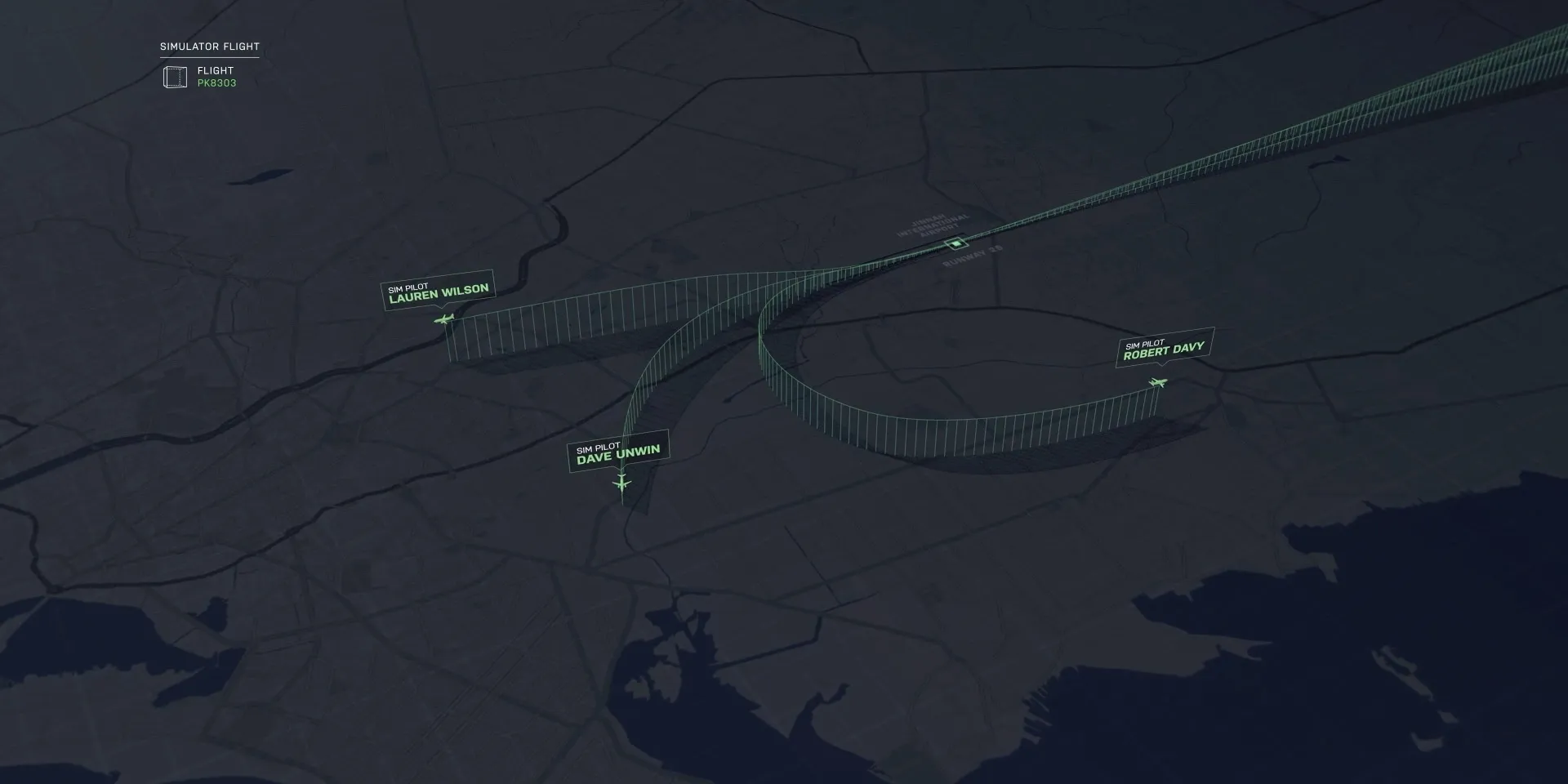 3D map of three simulator pilots’ flight paths, labelled Lauren Wilson, Dave Unwin and Robert Davy