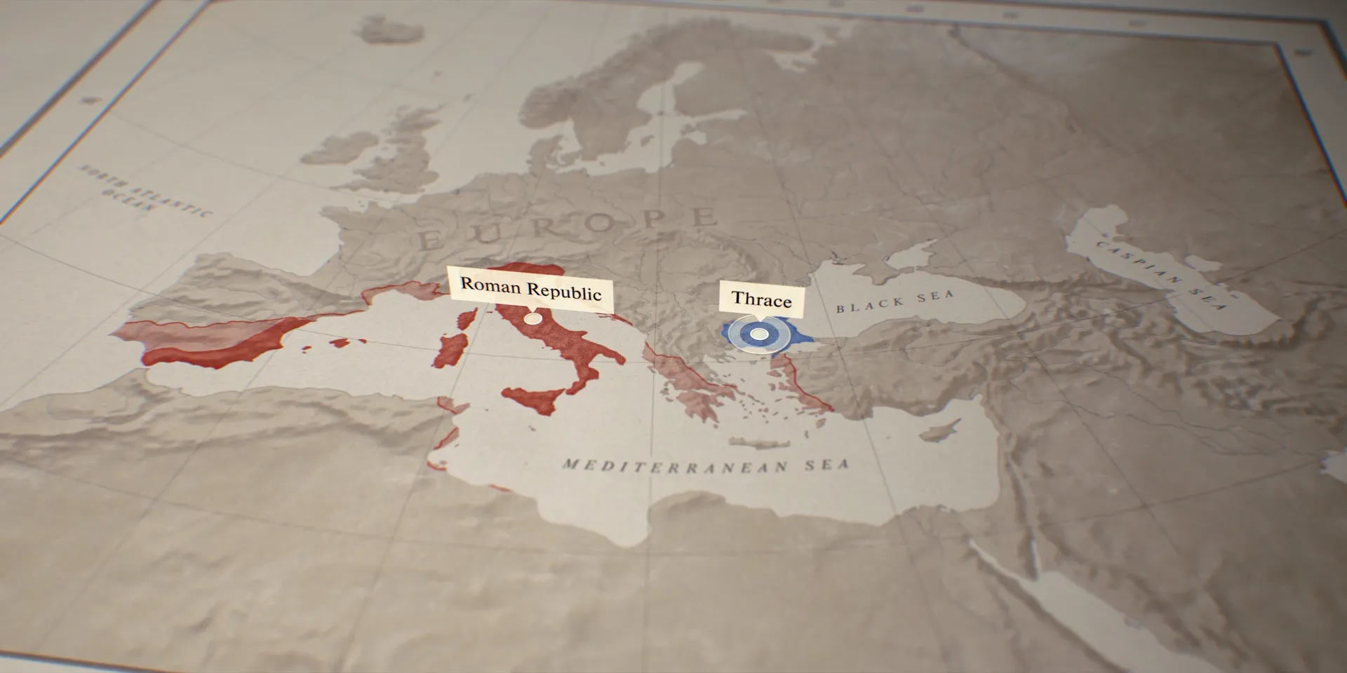 Relief map of Europe with the Roman Republic picked out in red and Thrace marked to its east