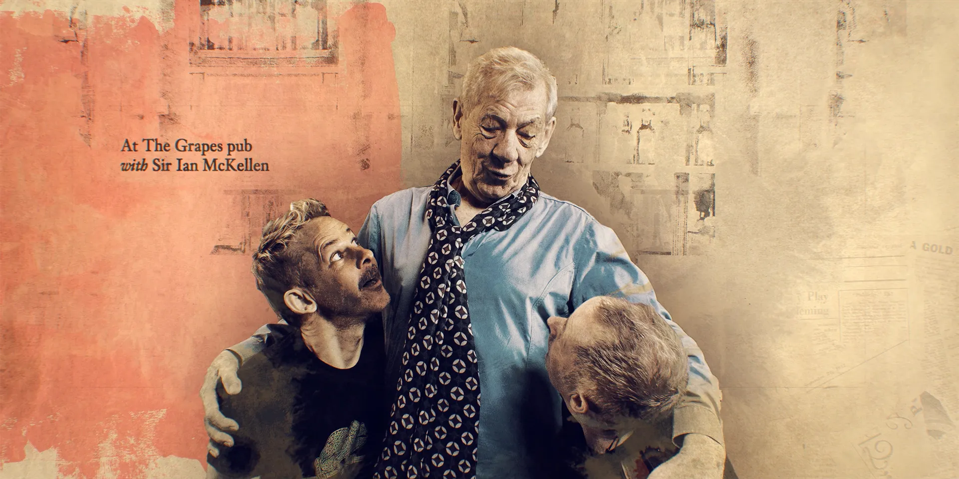 Painted portrait of Sir Ian McKellen with his arms round two presenters, captioned At The Grapes pub with Sir Ian McKellen