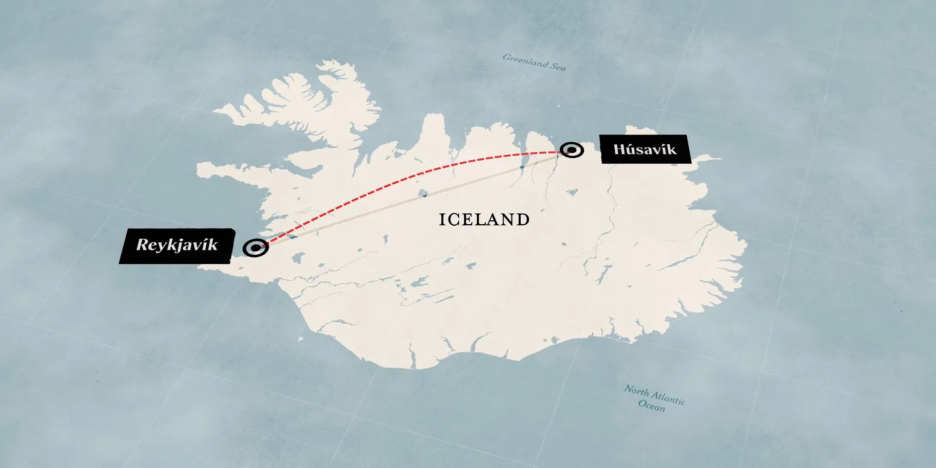 Map of Iceland with a dotted red route from Reykjavík to Húsavík