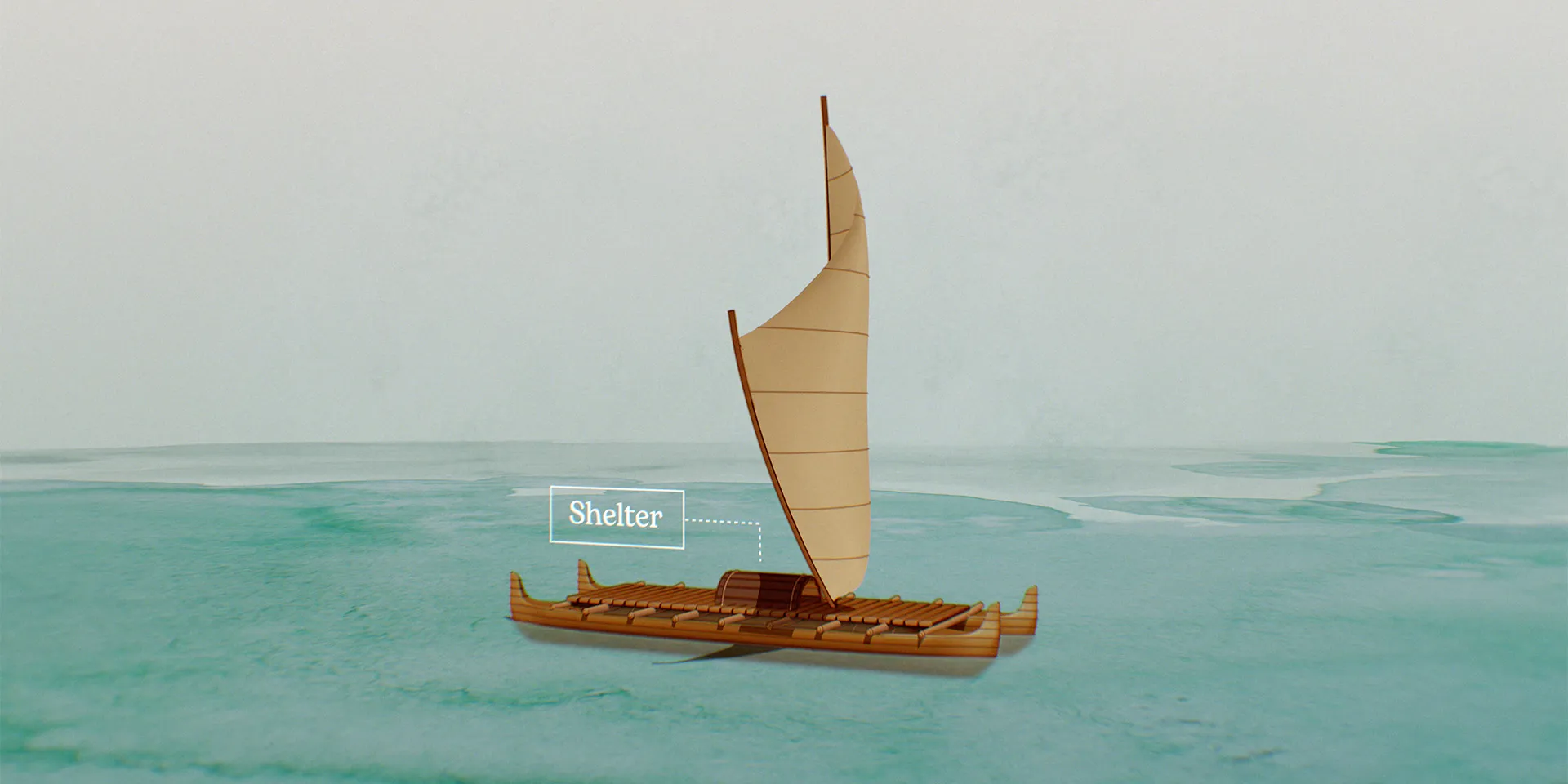 Illustration of a Polynesian double-hulled voyaging canoe under sail on a turquoise sea, its deck shelter labelled