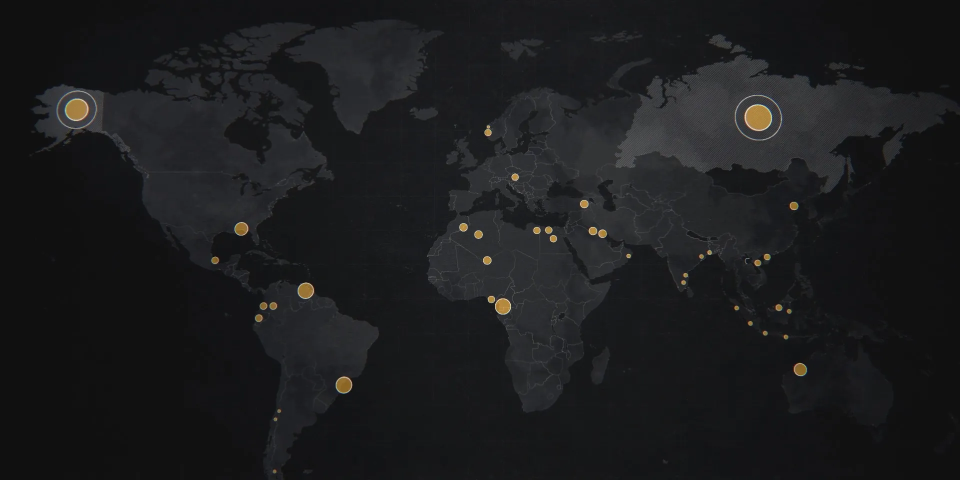 Dark world map scattered with gold circles sized by value, the largest over Alaska and Siberia