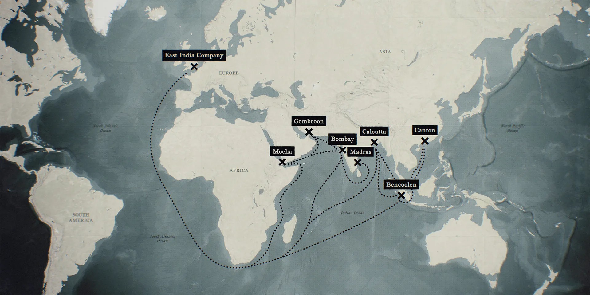 Map of the East India Company’s trade routes, dotted lines running from England round Africa to Mocha, Gombroon, Bombay, Madras, Calcutta, Bencoolen and Canton