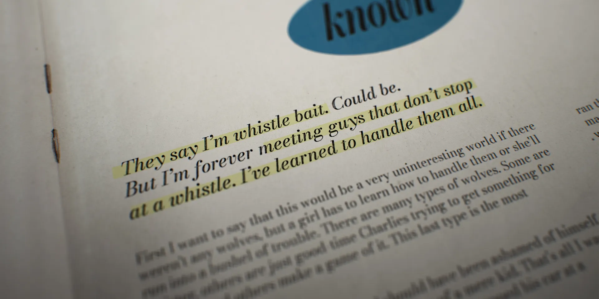 Open magazine page with two lines highlighted in yellow, beginning “They say I’m whistle bait”