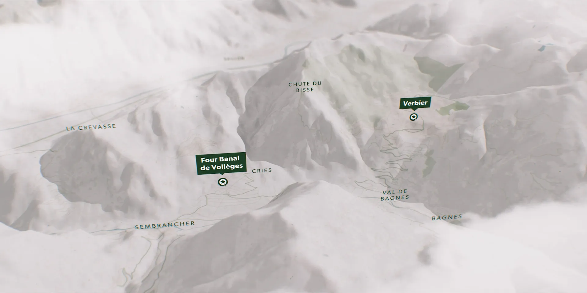 Relief map of a snowy Swiss valley marking Verbier and the Four Banal de Vollèges