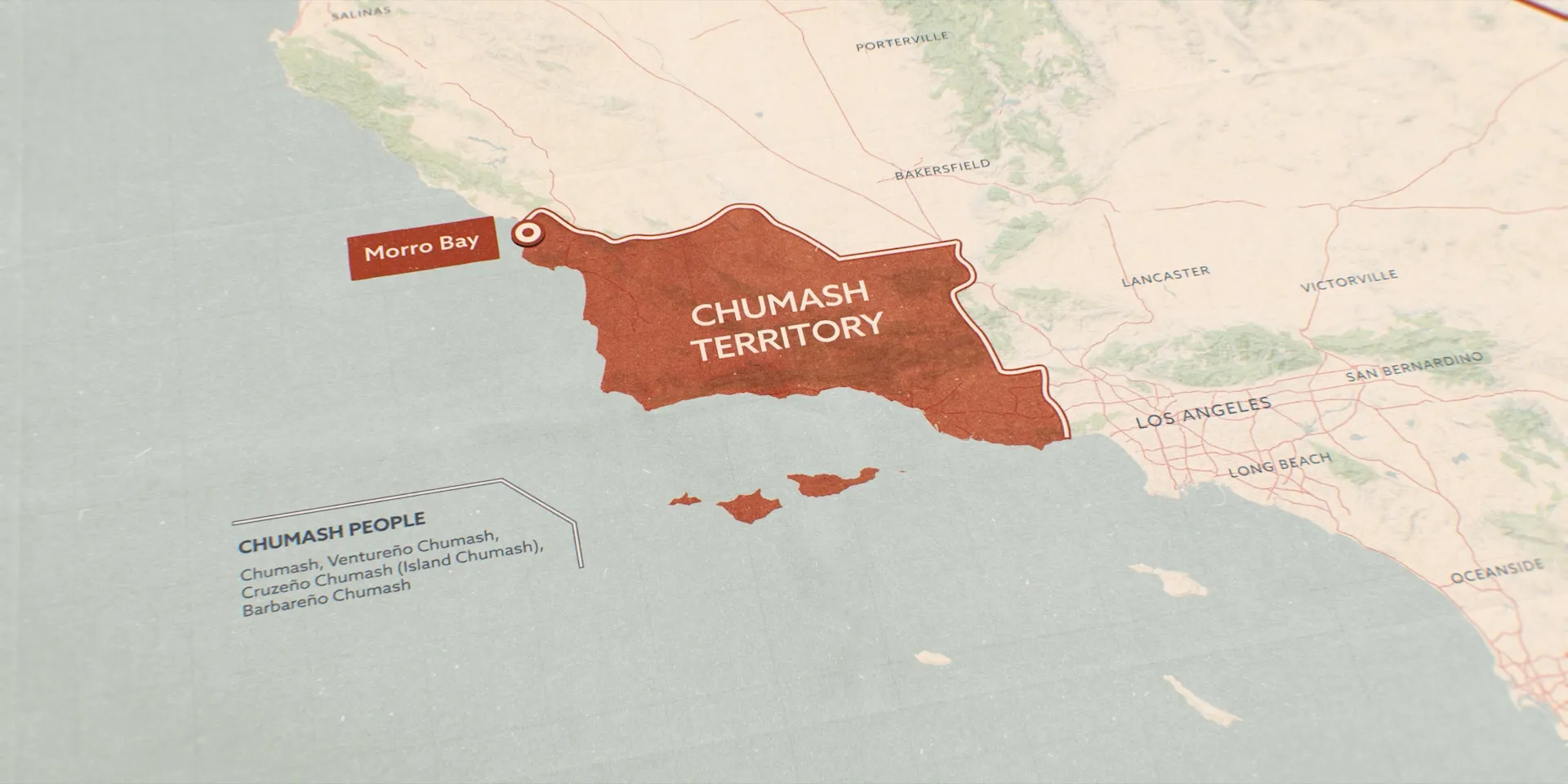Map of the Southern California coast with Chumash territory shaded red from Morro Bay towards Los Angeles