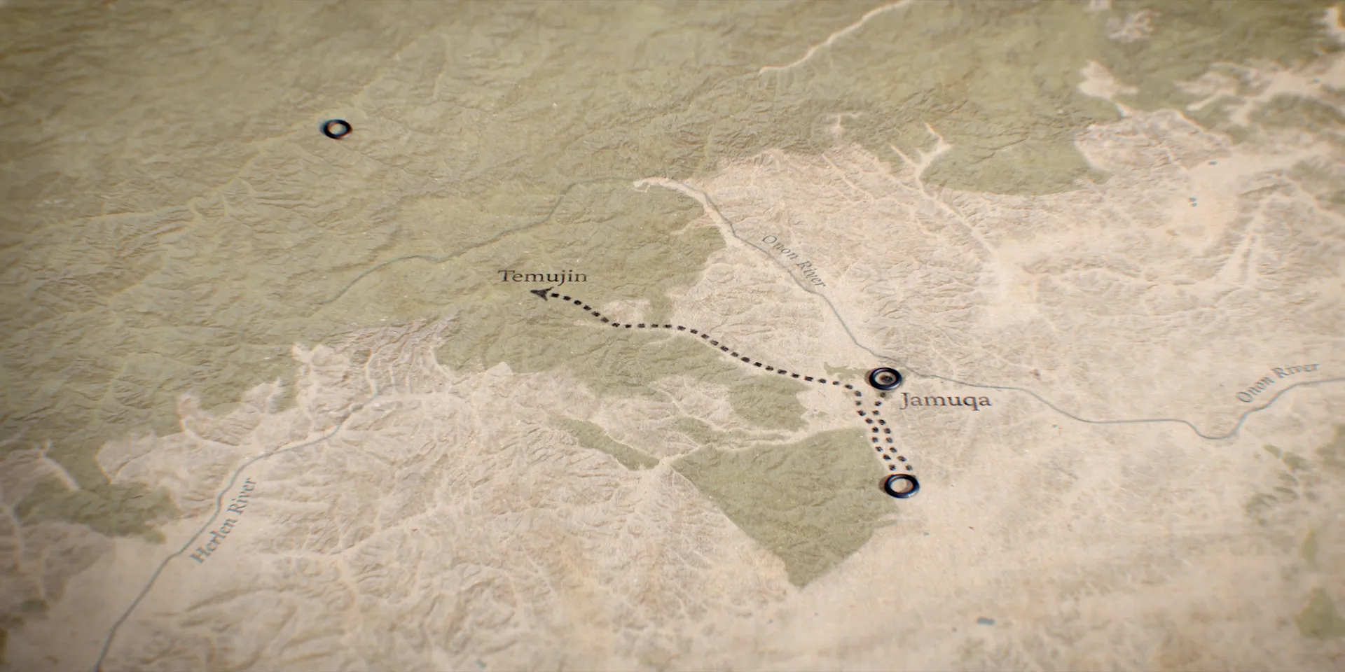 Relief map of the Mongolian steppe tracing Temujin’s line of retreat from Jamuqa, between the Onon and Kherlen rivers