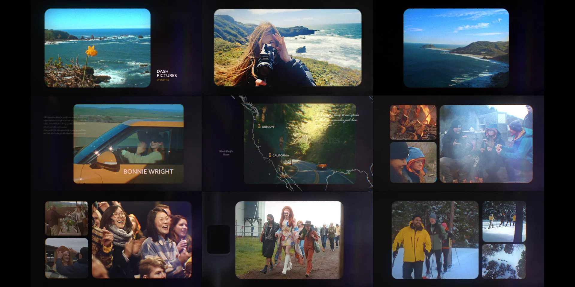 Grid of film-framed scenes from a West Coast road trip — coastline, a camera, a map of Oregon and California, campfires and snow