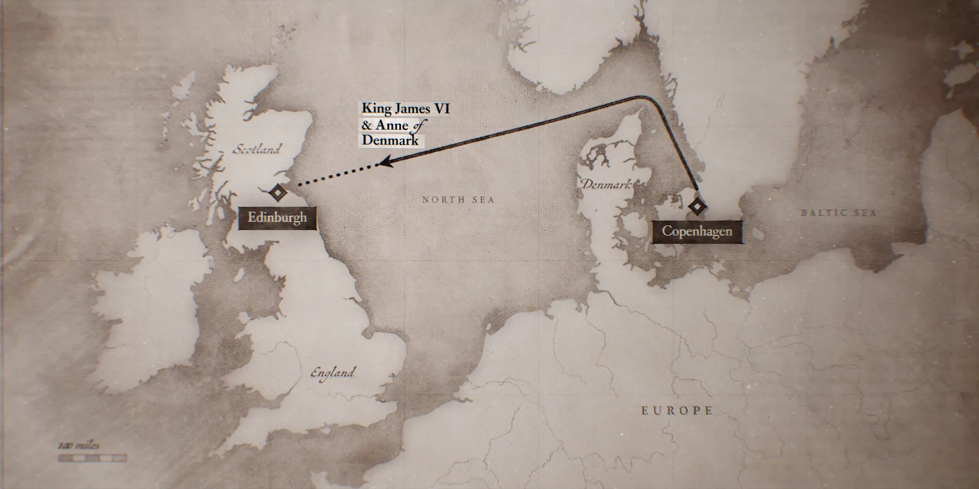Map tracing King James VI and Anne of Denmark’s crossing from Copenhagen to Edinburgh