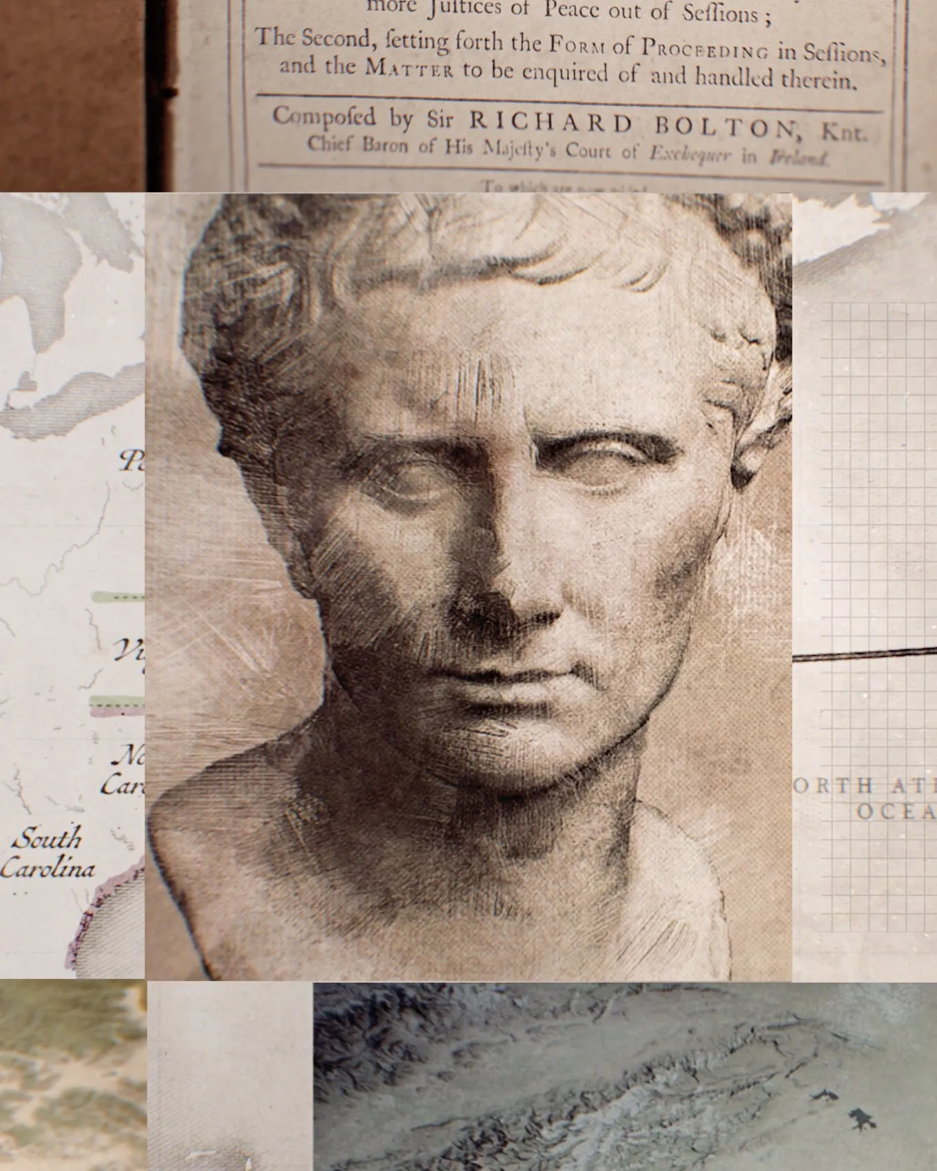 Engraved Roman bust in a collage of old maps and a printed title page