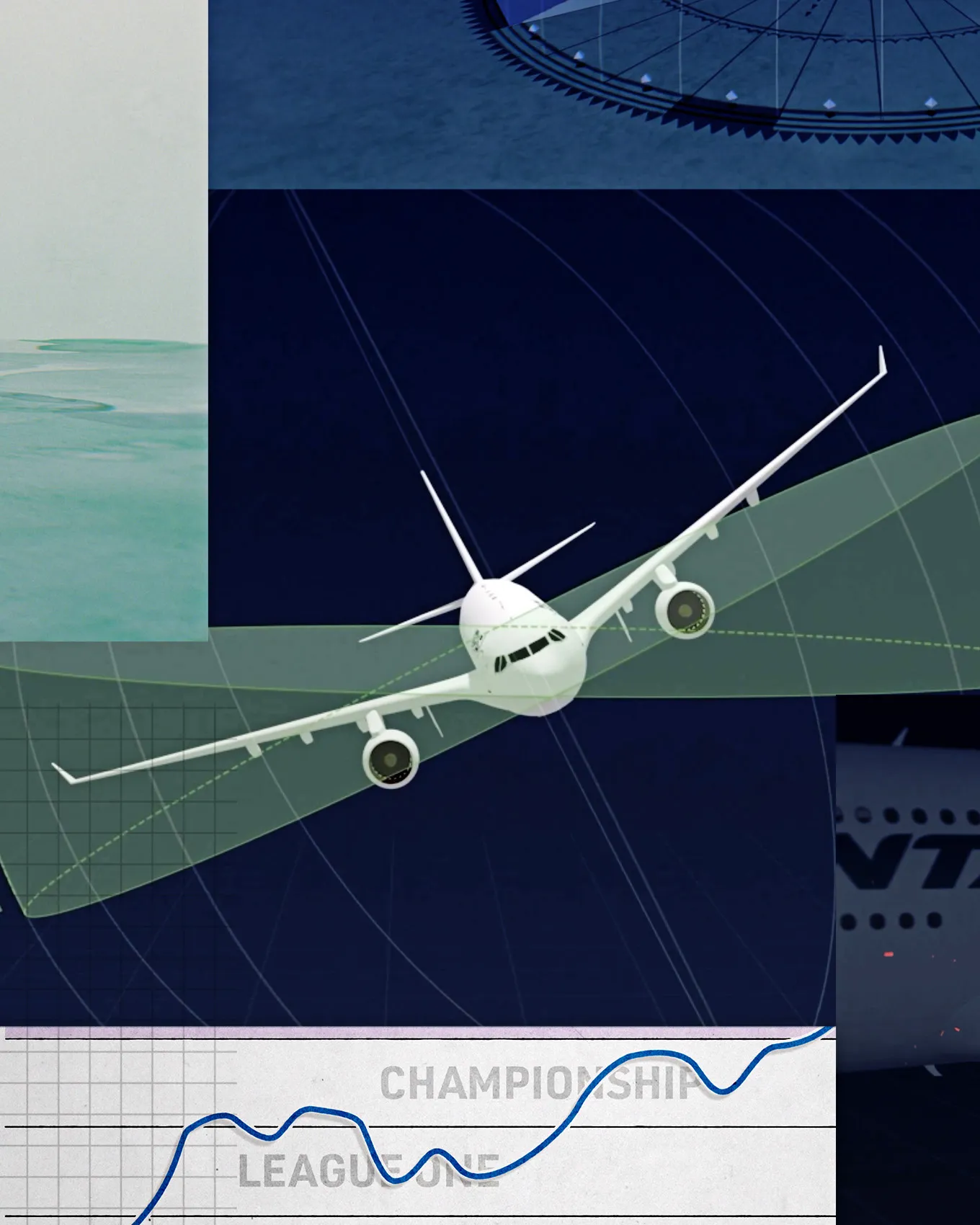 Illustrated airliner on its flight path in a collage of technical graphics and charts