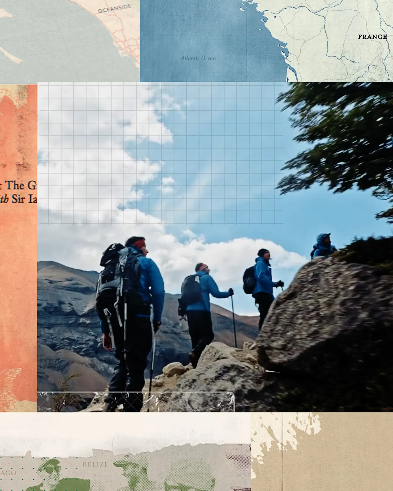 Hikers on a mountain trail in a collage of travel maps and title cards