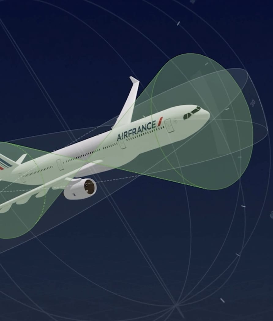 3D explainer render of an airliner with its flight path visualised
