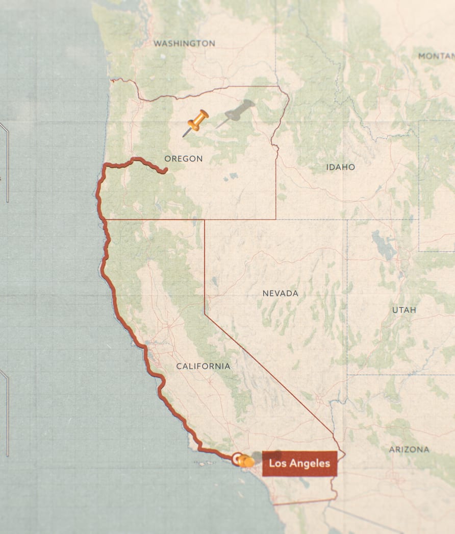 Route map of the western United States with a Los Angeles location pin